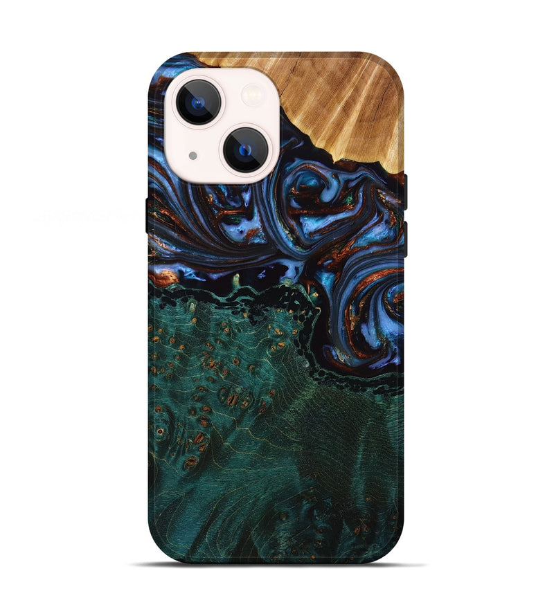 iPhone 13 Wood+Resin Live Edge Phone Case - Etta (Teal & Gold, 667285)