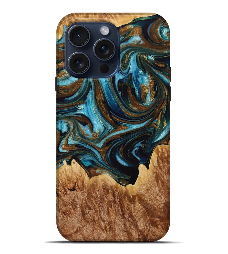 iPhone 15 Pro Max Wood+Resin Live Edge Phone Case - Kevin (Teal & Gold, 667286)