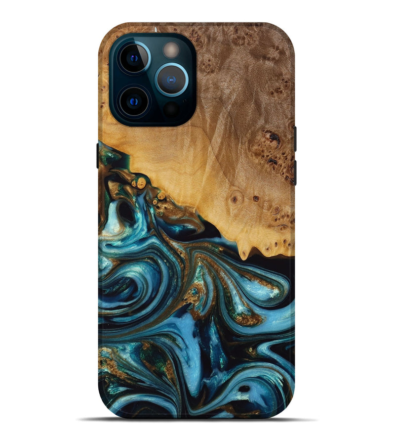 iPhone 12 Pro Max Wood+Resin Live Edge Phone Case - Demi (Teal & Gold, 667287)