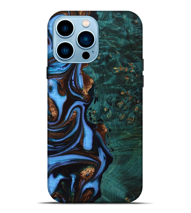 iPhone 14 Pro Max Wood+Resin Live Edge Phone Case - Jimmy (Teal & Gold, 667288)