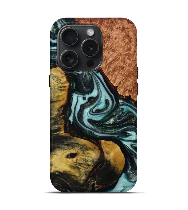 iPhone 15 Pro Wood+Resin Live Edge Phone Case - Geoffrey (Green, 667292)