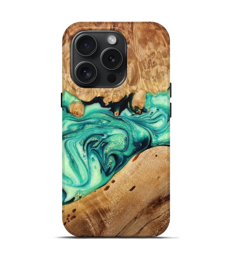 iPhone 15 Pro Wood+Resin Live Edge Phone Case - Emanuel (Green, 667294)