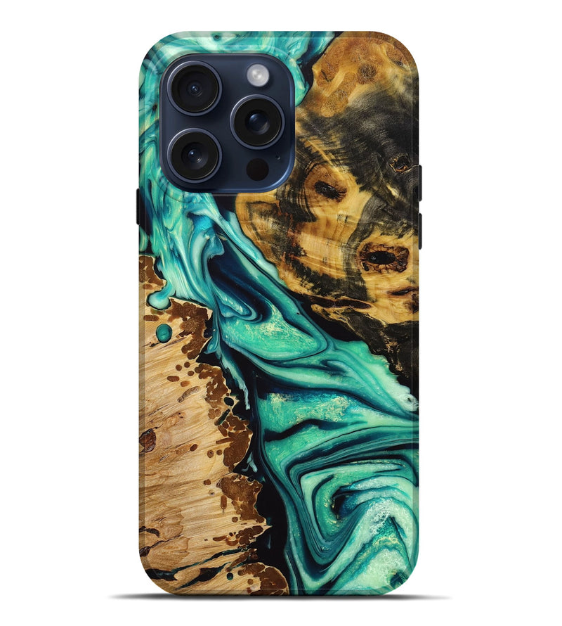 iPhone 15 Pro Max Wood+Resin Live Edge Phone Case - Marisol (Green, 667295)
