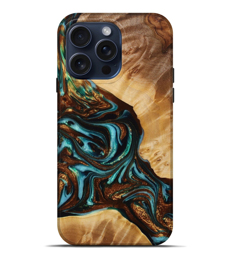 iPhone 15 Pro Max Wood+Resin Live Edge Phone Case - Todd (Teal & Gold, 667299)