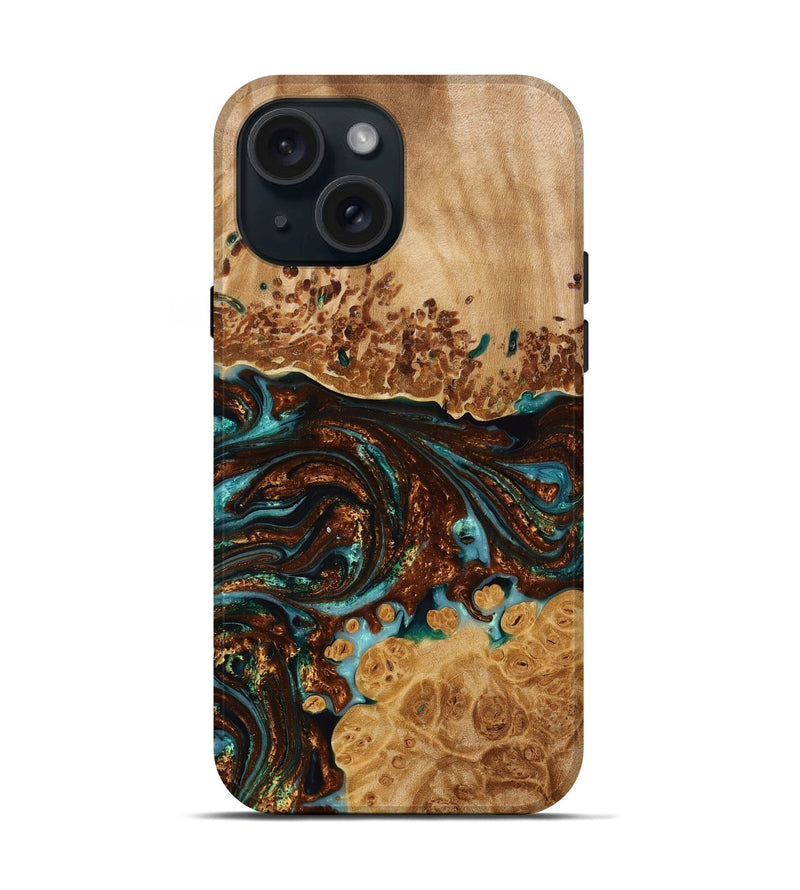 iPhone 15 Wood+Resin Live Edge Phone Case - Zoe (Teal & Gold, 667300)
