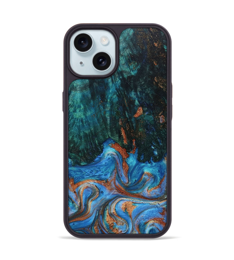 iPhone 15 Wood+Resin Phone Case - Timmy (Teal & Gold, 667403)