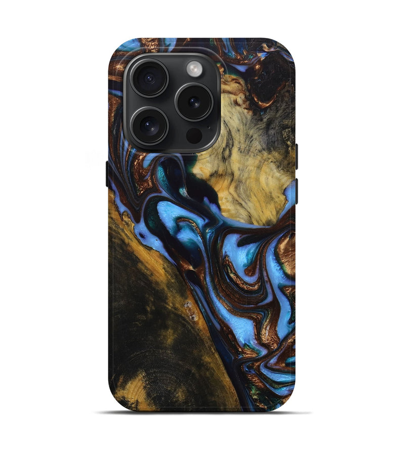 iPhone 15 Pro Wood+Resin Live Edge Phone Case - Bianca (Teal & Gold, 667553)