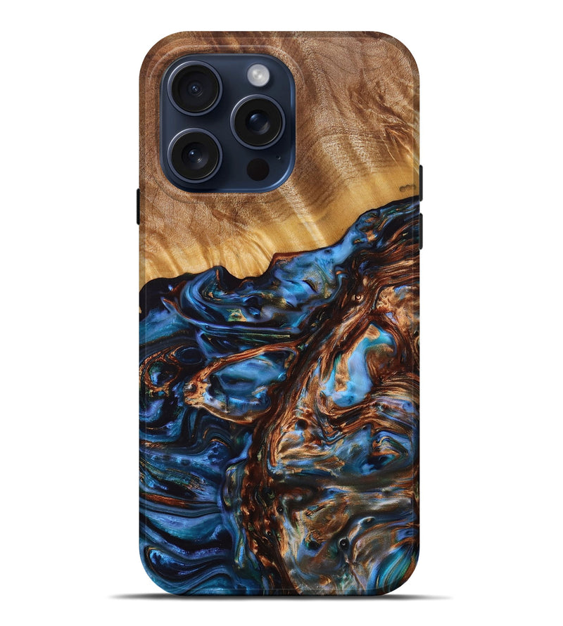 iPhone 15 Pro Max Wood+Resin Live Edge Phone Case - Karson (Teal & Gold, 667554)