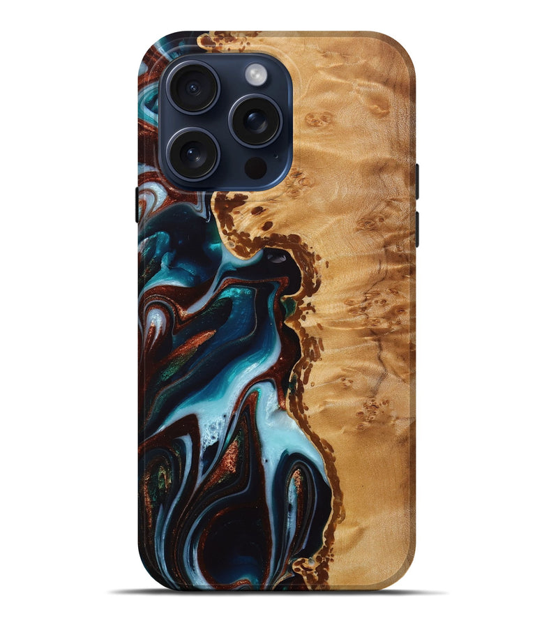 iPhone 15 Pro Max Wood+Resin Live Edge Phone Case - Nia (Teal & Gold, 667555)