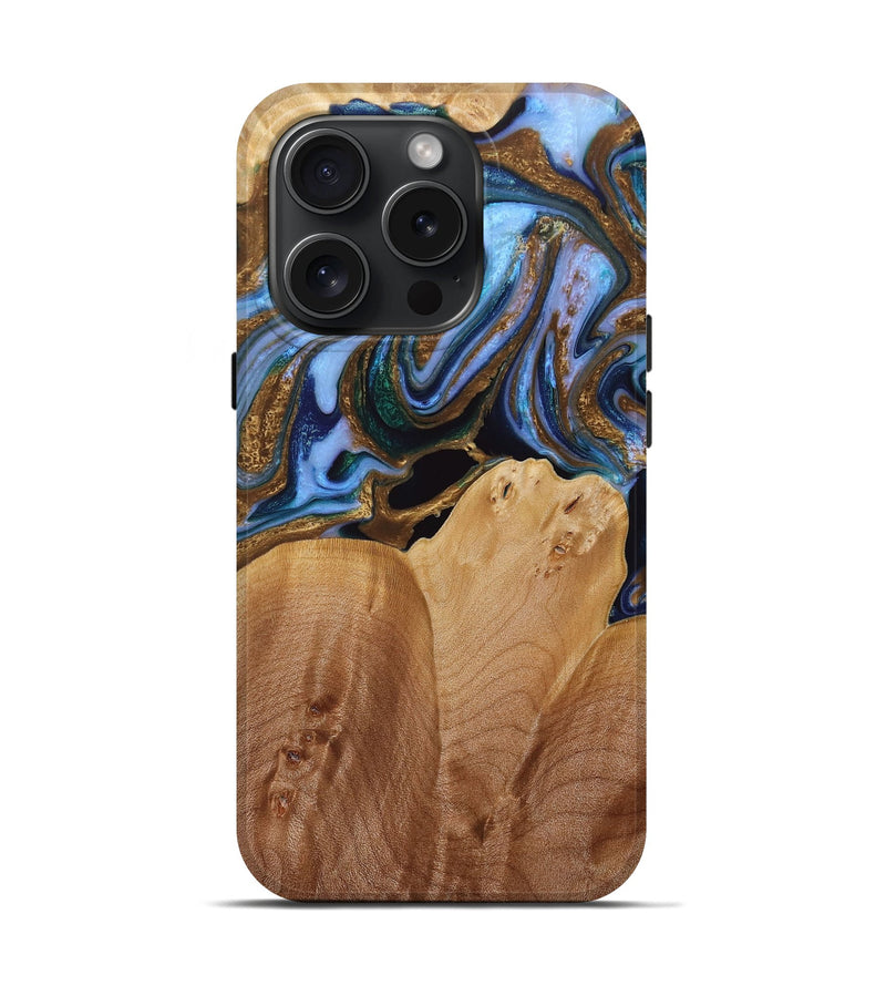 iPhone 15 Pro Wood+Resin Live Edge Phone Case - Ana (Teal & Gold, 667556)
