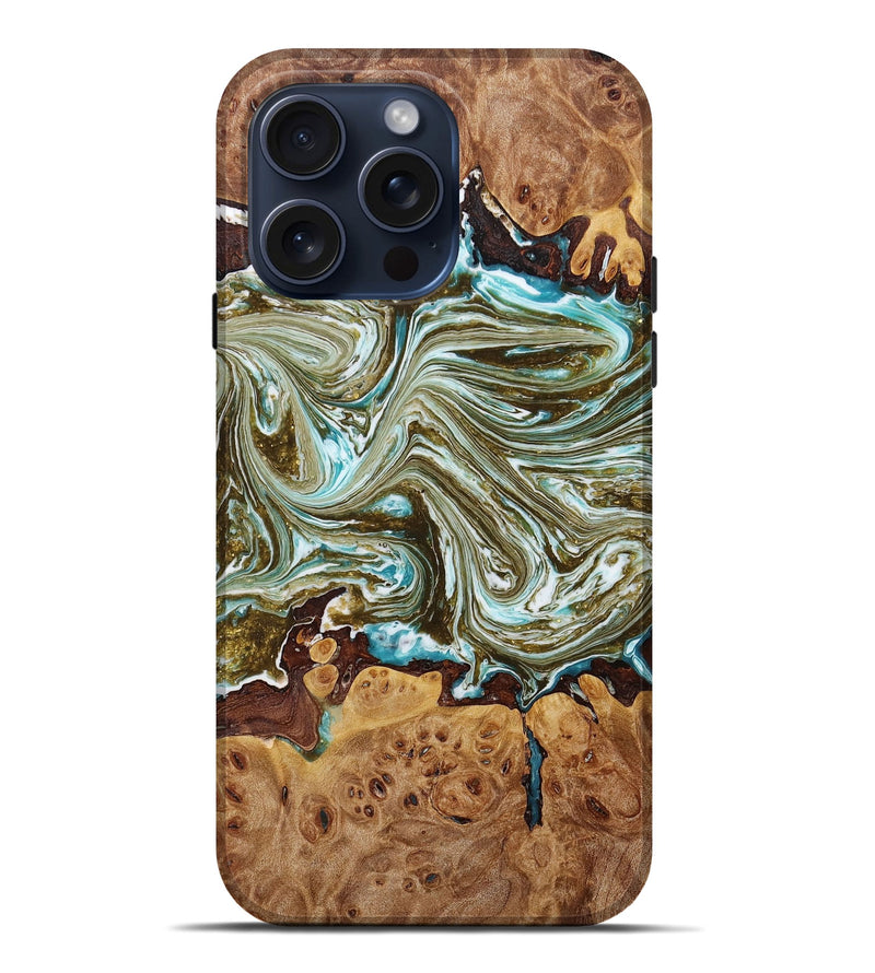 iPhone 15 Pro Max Wood+Resin Live Edge Phone Case - Craig (Teal & Gold, 667557)