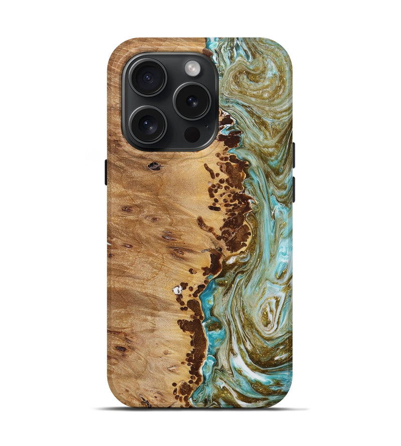 iPhone 15 Pro Wood+Resin Live Edge Phone Case - Constance (Teal & Gold, 667558)