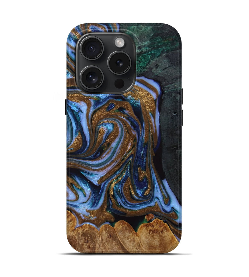 iPhone 15 Pro Wood+Resin Live Edge Phone Case - Wilfred (Teal & Gold, 667559)