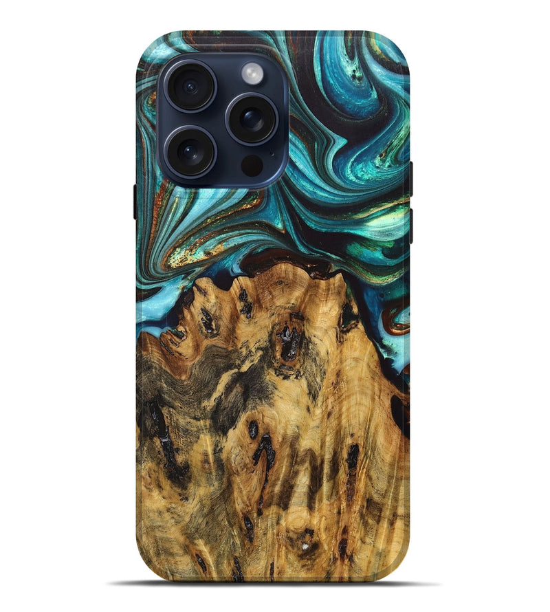 iPhone 15 Pro Max Wood+Resin Live Edge Phone Case - Belinda (Teal & Gold, 668084)