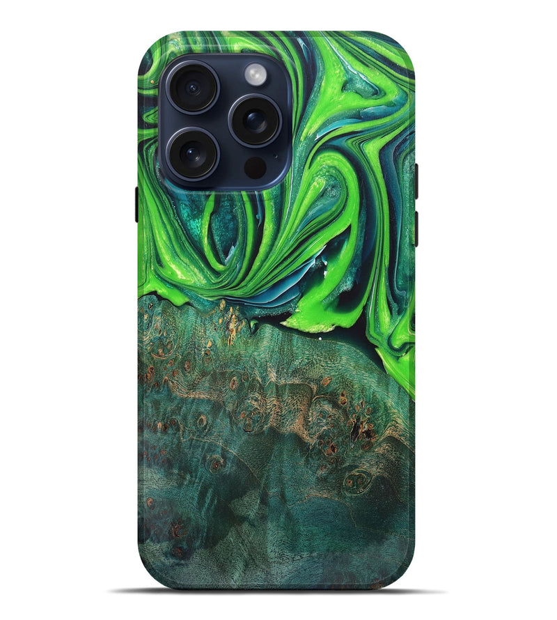 iPhone 15 Pro Max Wood+Resin Live Edge Phone Case - Tristen (Green, 668088)