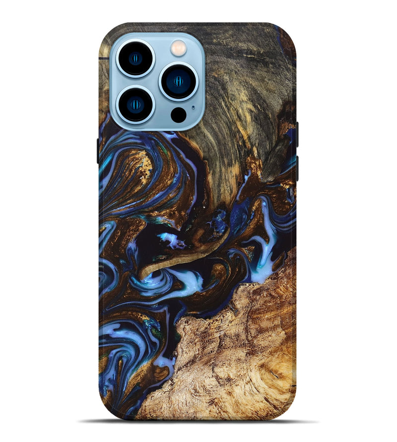 iPhone 14 Pro Max Wood+Resin Live Edge Phone Case - Brooke (Teal & Gold, 668097)