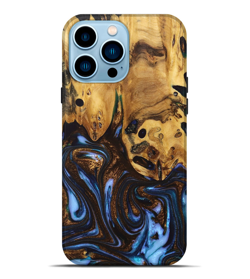 iPhone 14 Pro Max Wood+Resin Live Edge Phone Case - Alessandra (Teal & Gold, 668098)