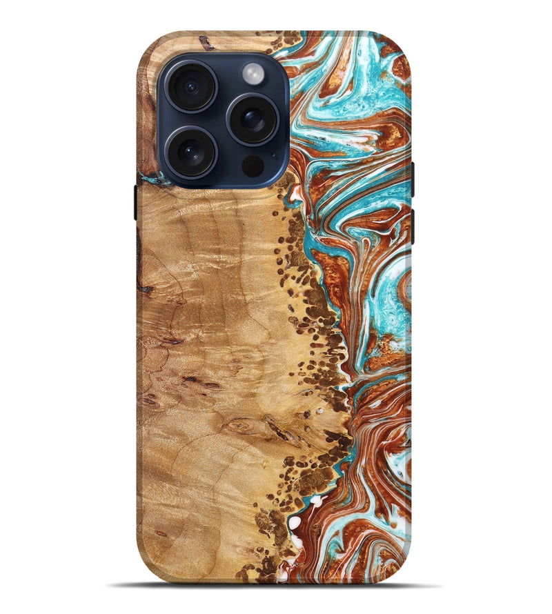 iPhone 15 Pro Max Wood+Resin Live Edge Phone Case - Brenna (Teal & Gold, 668101)