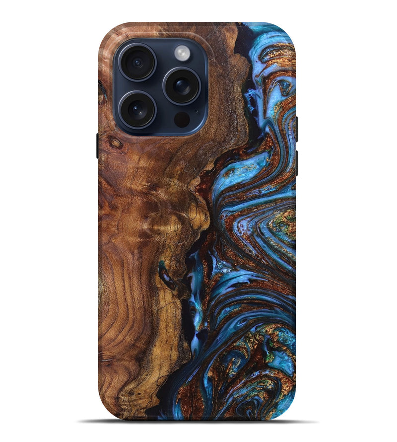 iPhone 15 Pro Max Wood+Resin Live Edge Phone Case - Malakai (Teal & Gold, 668102)
