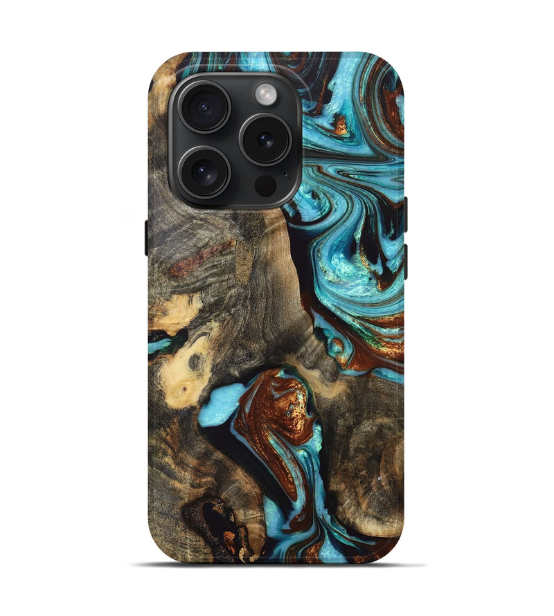 iPhone 15 Pro Wood+Resin Live Edge Phone Case - Paulette (Teal & Gold, 668103)