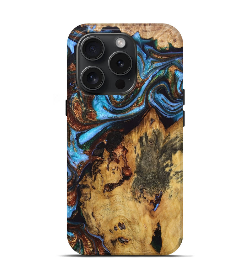 iPhone 15 Pro Wood+Resin Live Edge Phone Case - Troy (Teal & Gold, 668104)