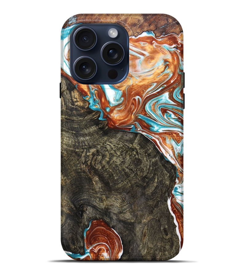 iPhone 15 Pro Max Wood+Resin Live Edge Phone Case - Phoebe (Teal & Gold, 668105)