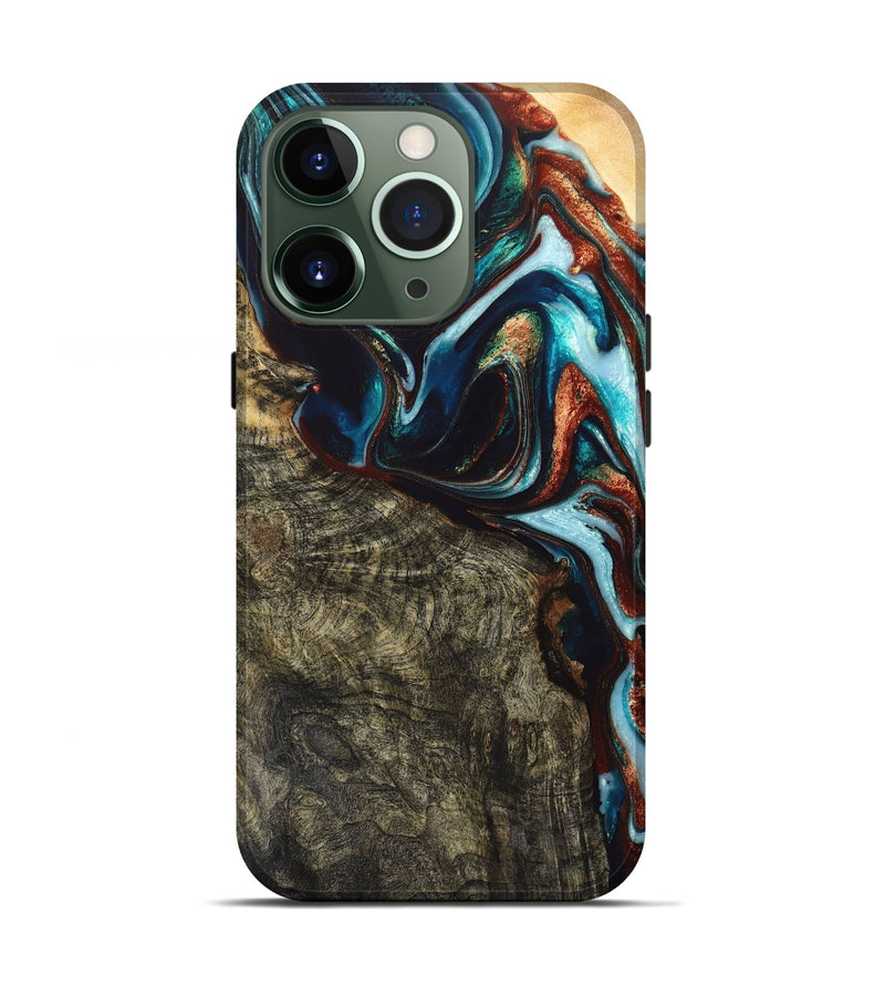 iPhone 13 Pro Wood+Resin Live Edge Phone Case - Krista (Teal & Gold, 668106)