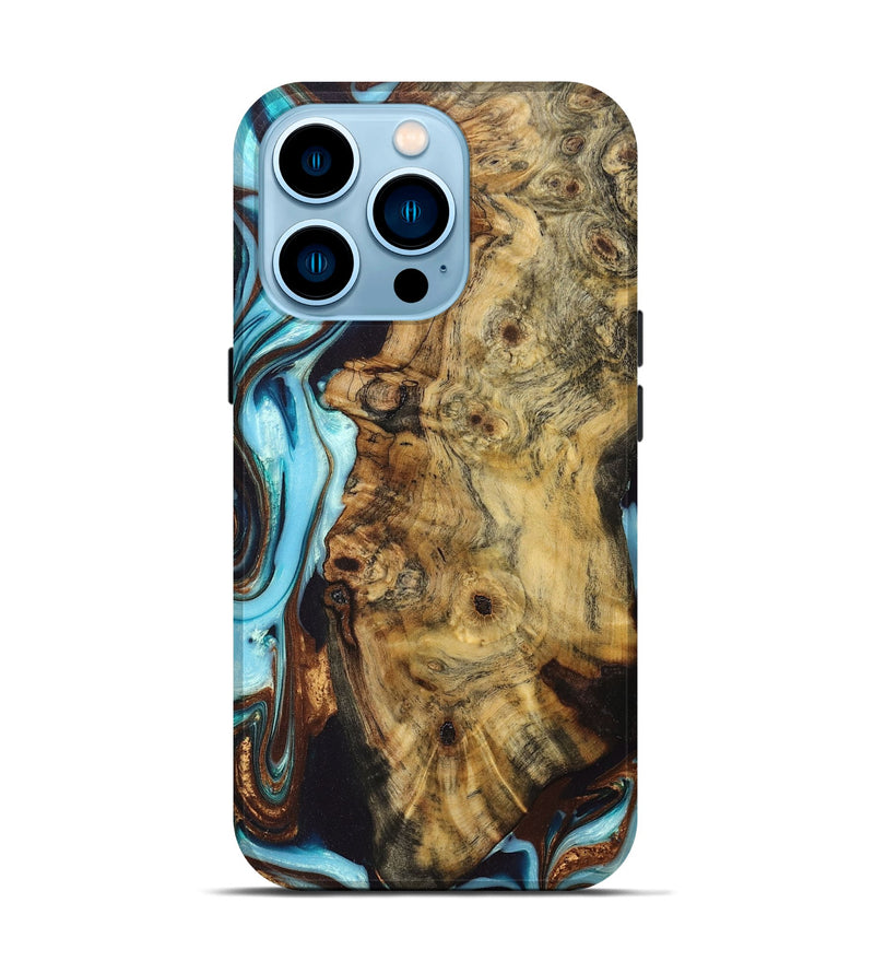 iPhone 14 Pro Wood+Resin Live Edge Phone Case - Finley (Teal & Gold, 668262)