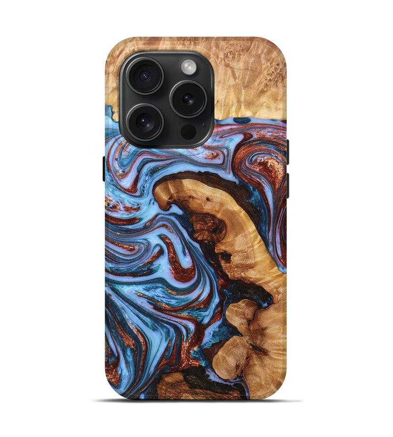 iPhone 15 Pro Wood+Resin Live Edge Phone Case - Ella (Teal & Gold, 668264)