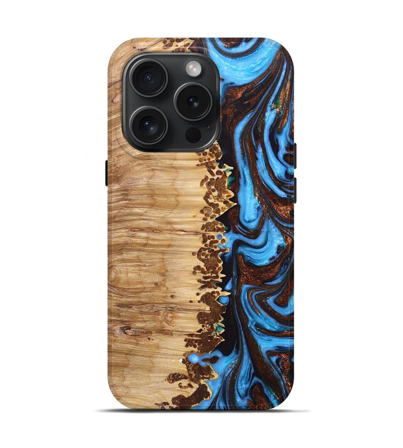 iPhone 15 Pro Wood+Resin Live Edge Phone Case - Tatum (Teal & Gold, 668265)