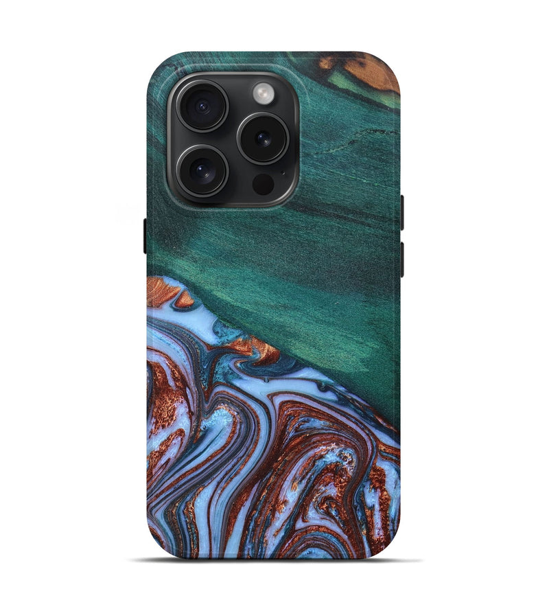 iPhone 15 Pro Wood+Resin Live Edge Phone Case - Vernon (Teal & Gold, 668266)