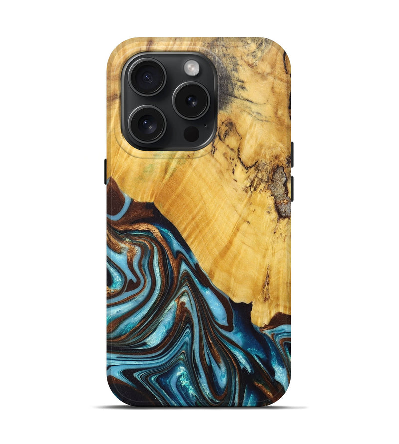 iPhone 15 Pro Wood+Resin Live Edge Phone Case - Jay (Teal & Gold, 668268)