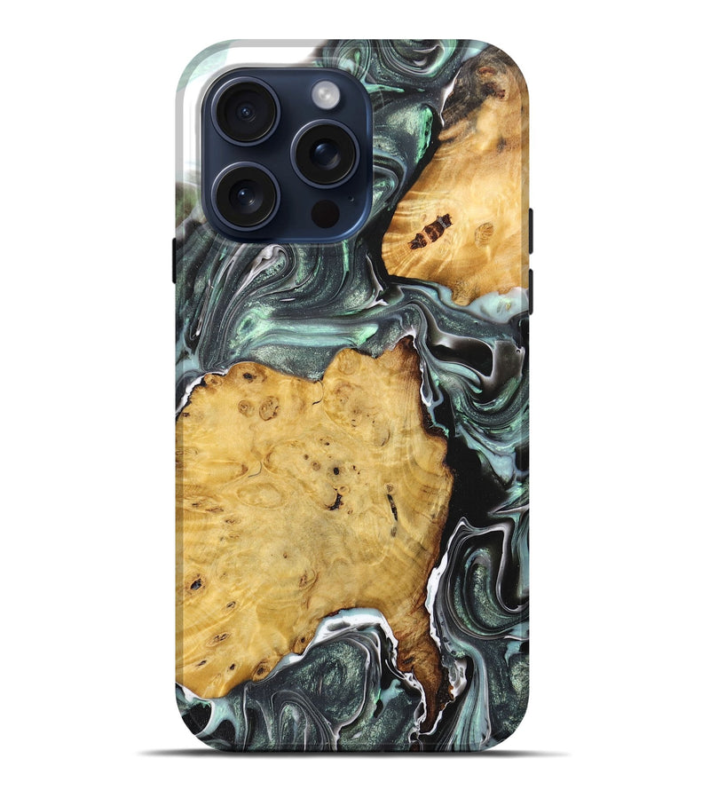 iPhone 15 Pro Max Wood+Resin Live Edge Phone Case - Theo (Green, 668530)
