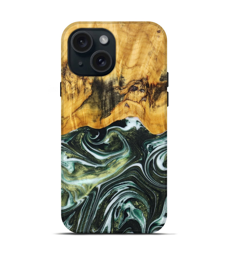 iPhone 15 Wood+Resin Live Edge Phone Case - Glenda (Green, 668535)