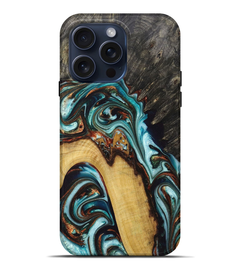 iPhone 15 Pro Max Wood+Resin Live Edge Phone Case - Tami (Teal & Gold, 668536)