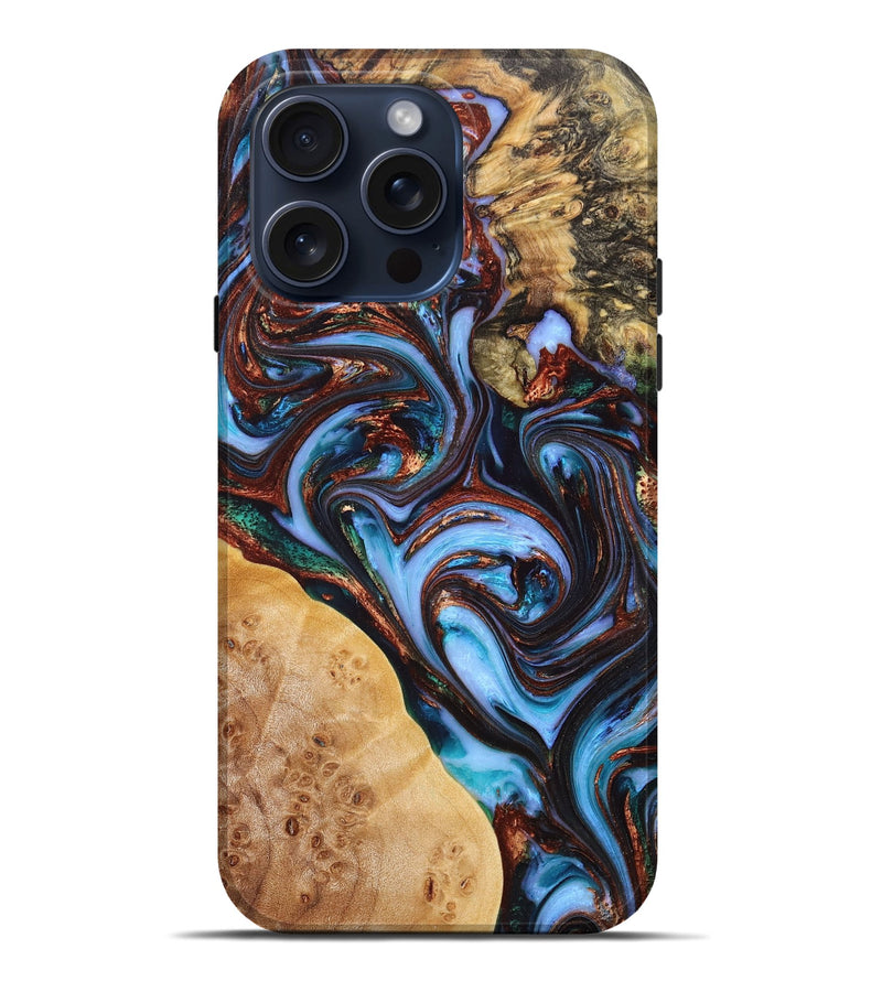 iPhone 15 Pro Max Wood+Resin Live Edge Phone Case - Jonathon (Teal & Gold, 668537)