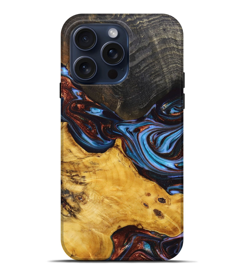 iPhone 15 Pro Max Wood+Resin Live Edge Phone Case - Emiliano (Teal & Gold, 668538)