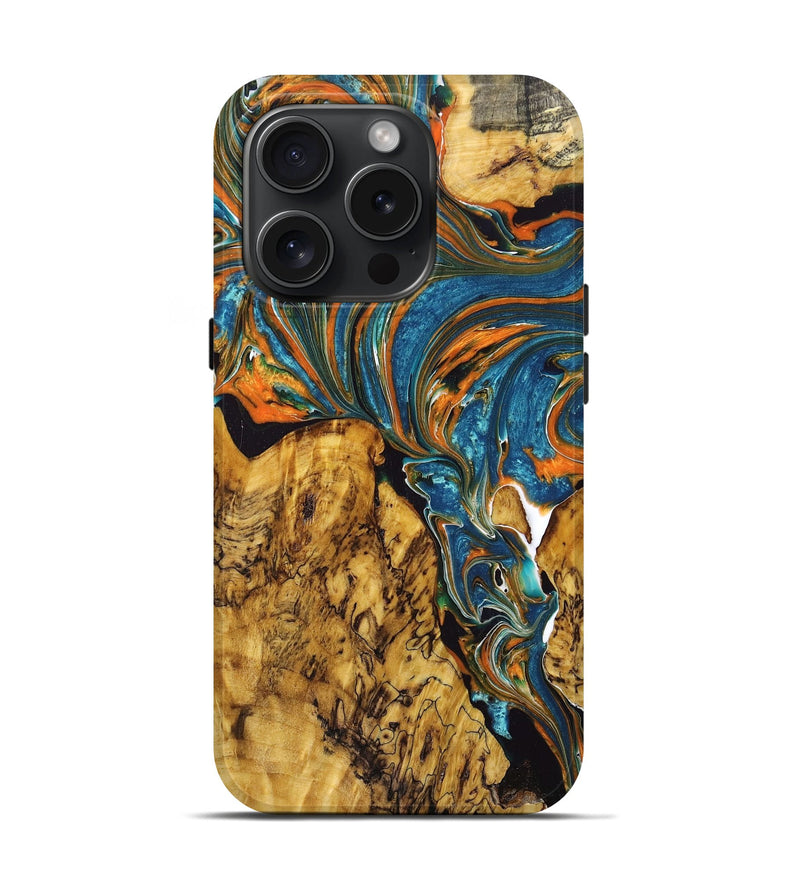 iPhone 15 Pro Wood+Resin Live Edge Phone Case - Katharine (Teal & Gold, 668539)