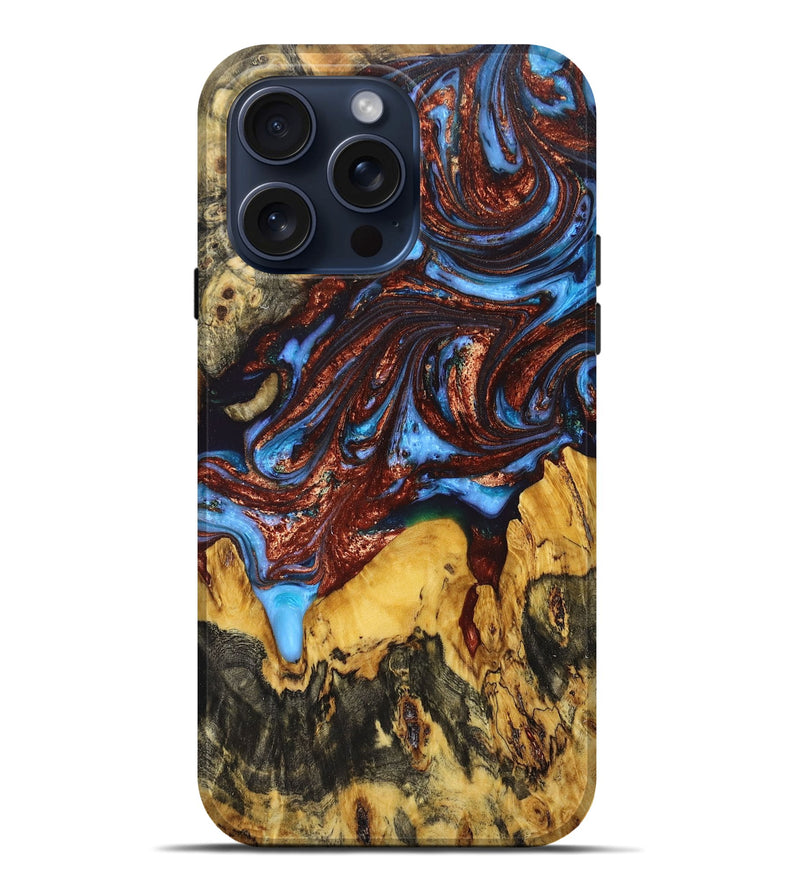 iPhone 15 Pro Max Wood+Resin Live Edge Phone Case - Robyn (Teal & Gold, 668540)