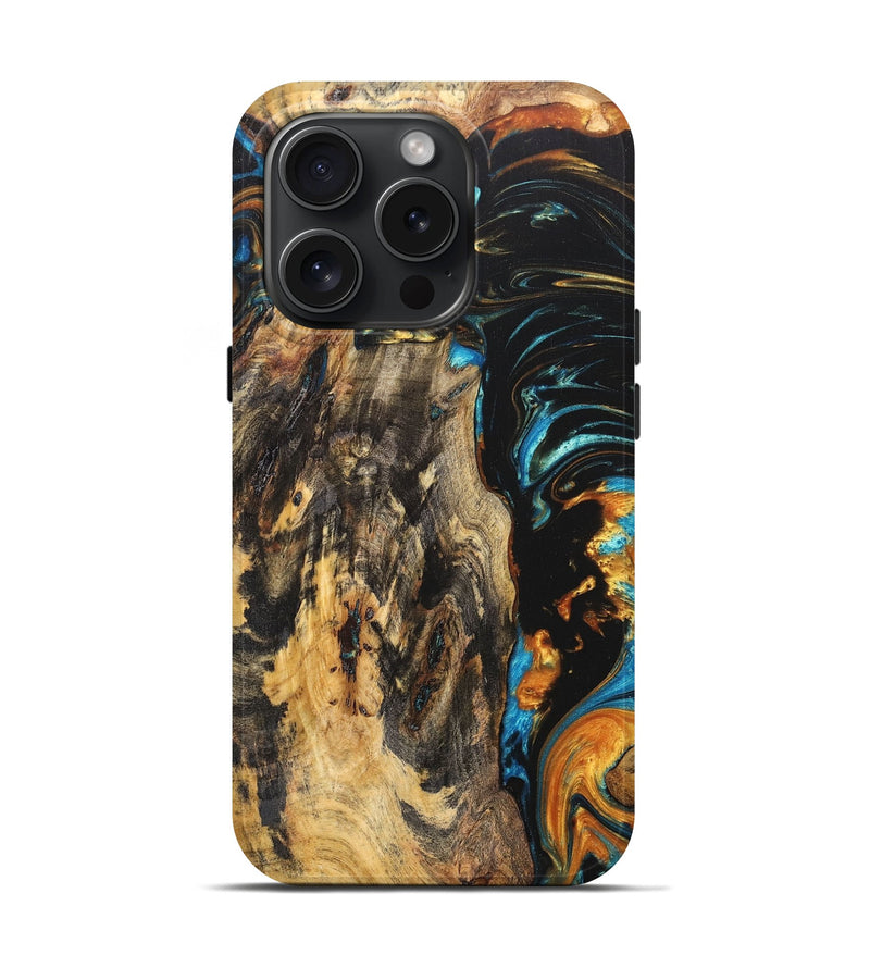 iPhone 15 Pro Wood+Resin Live Edge Phone Case - Magnolia (Teal & Gold, 668701)