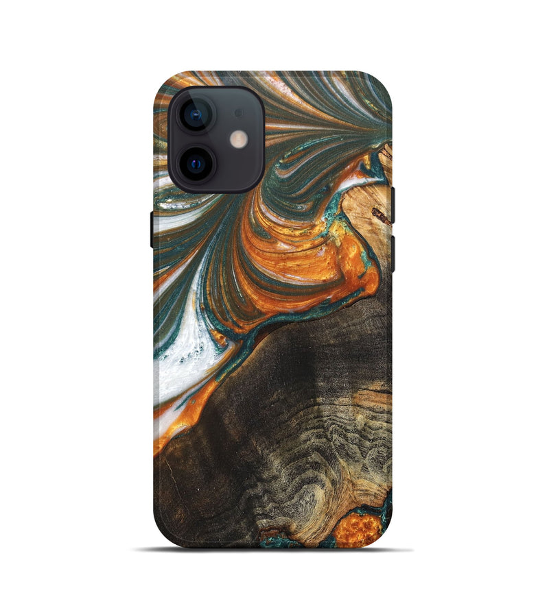 iPhone 12 mini Wood+Resin Live Edge Phone Case - Lesley (Teal & Gold, 668702)