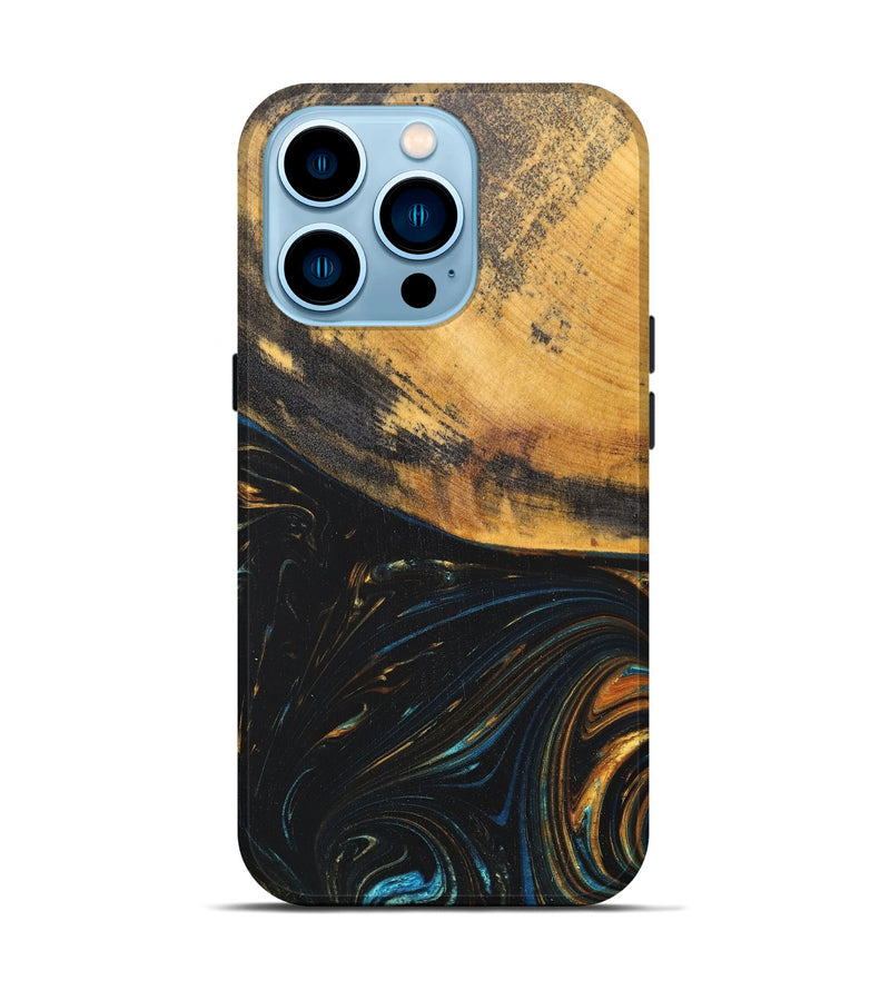 iPhone 14 Pro Wood+Resin Live Edge Phone Case - Kane (Teal & Gold, 668703)