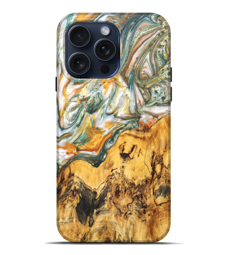 iPhone 15 Pro Max Wood+Resin Live Edge Phone Case - April (Teal & Gold, 668704)