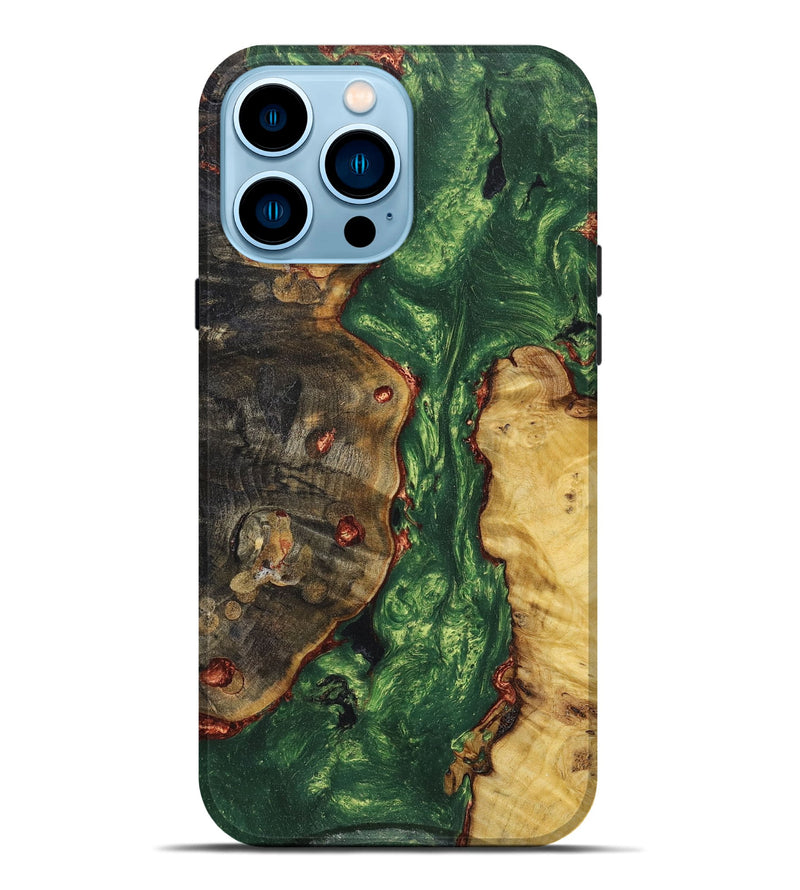 iPhone 14 Pro Max Wood+Resin Live Edge Phone Case - Crystal (Green, 668720)