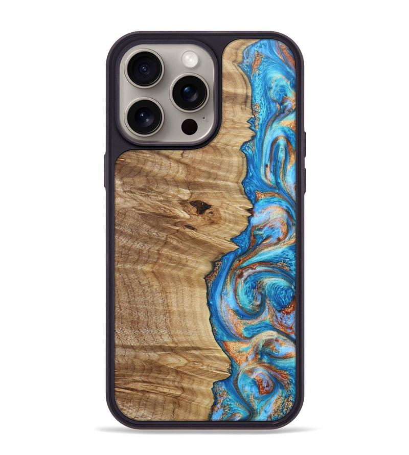 iPhone 15 Pro Max Wood+Resin Phone Case - Karen (Teal & Gold, 668799)