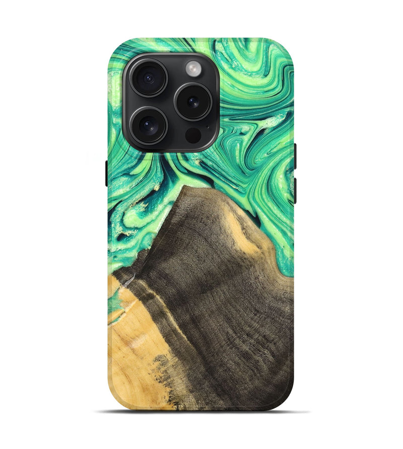 iPhone 15 Pro Wood+Resin Live Edge Phone Case - Jerry (Green, 668835)