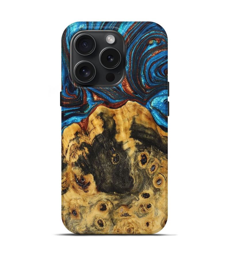 iPhone 15 Pro Wood+Resin Live Edge Phone Case - Austin (Teal & Gold, 668856)