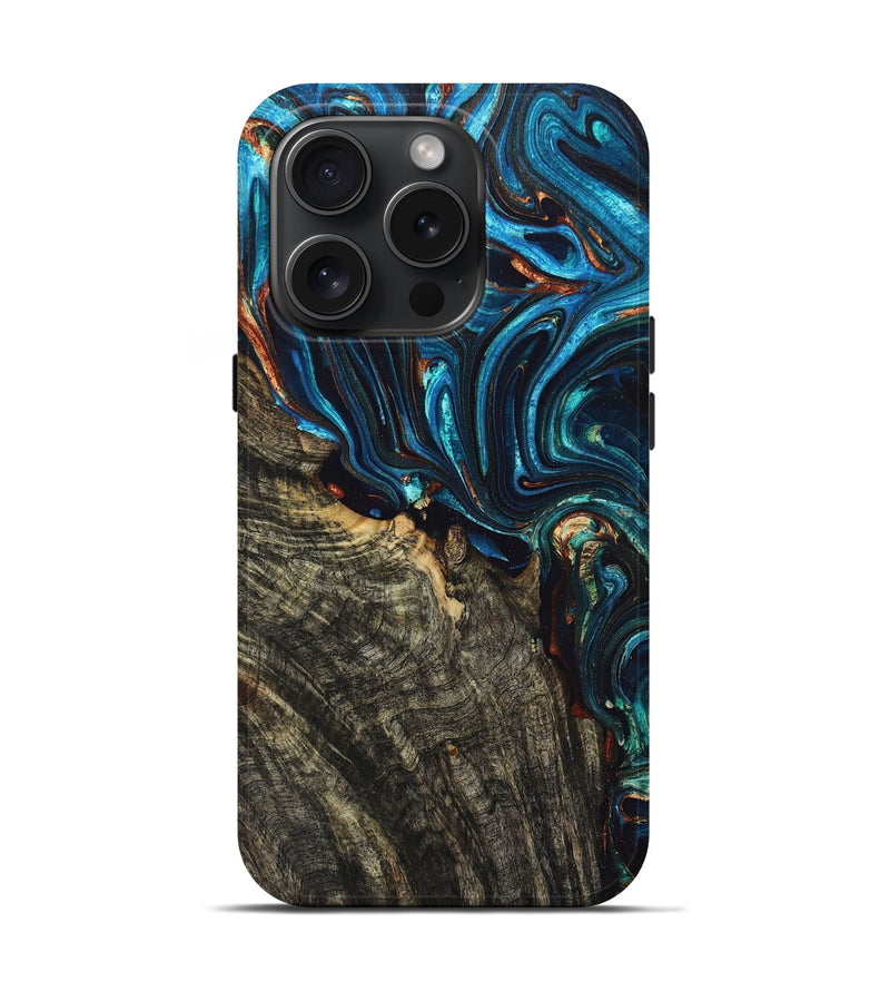 iPhone 15 Pro Wood+Resin Live Edge Phone Case - Braylon (Teal & Gold, 668857)