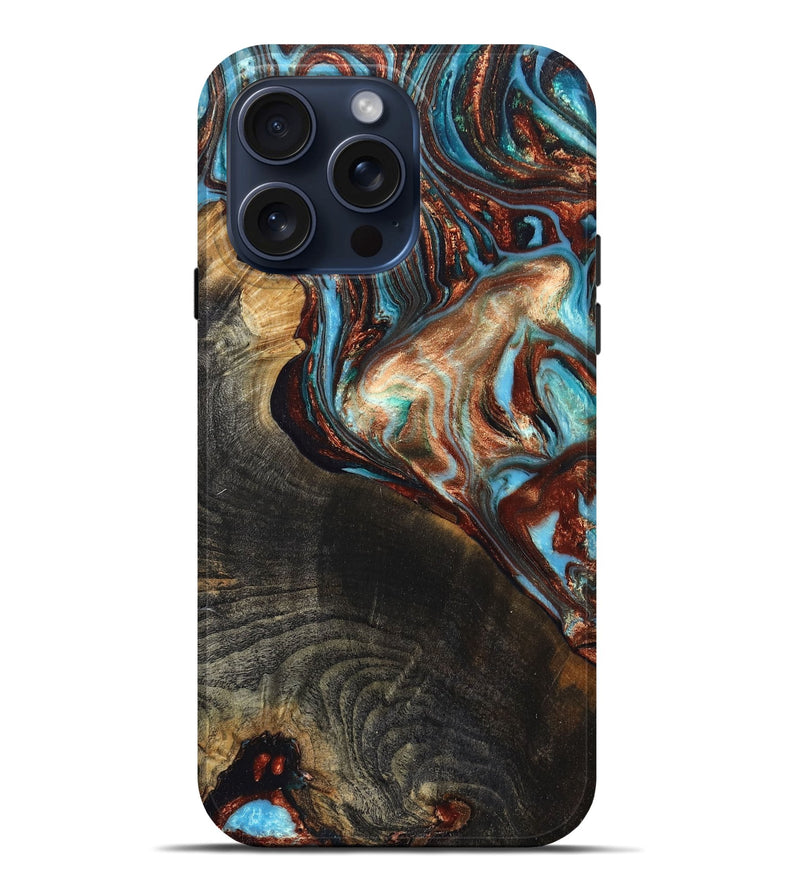 iPhone 15 Pro Max Wood+Resin Live Edge Phone Case - Lela (Teal & Gold, 668858)