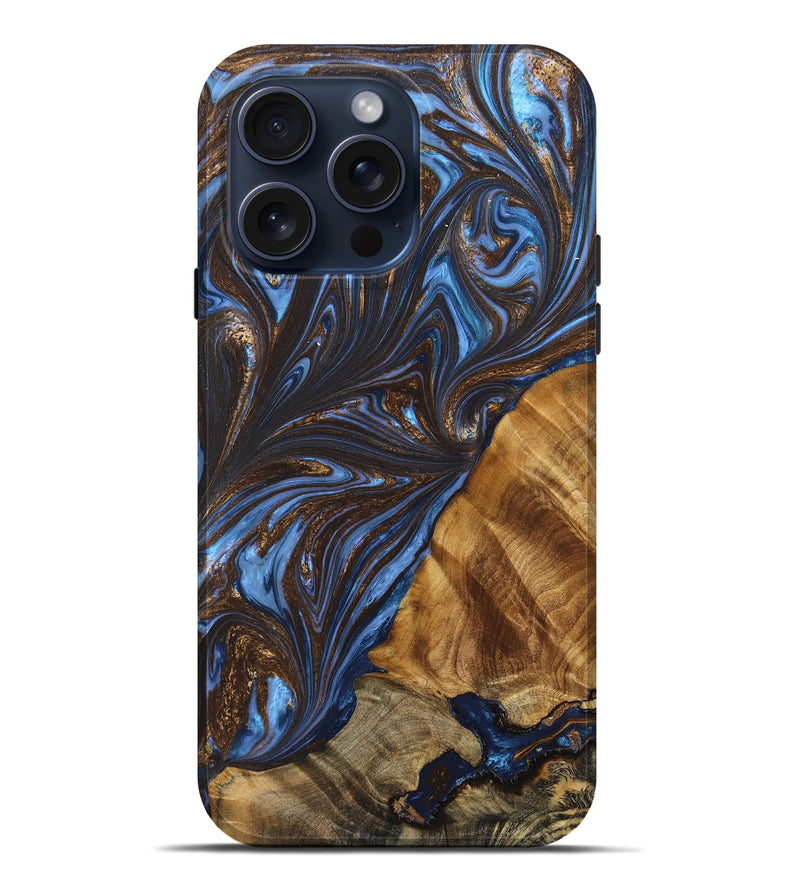 iPhone 15 Pro Max Wood+Resin Live Edge Phone Case - Lennon (Teal & Gold, 668860)